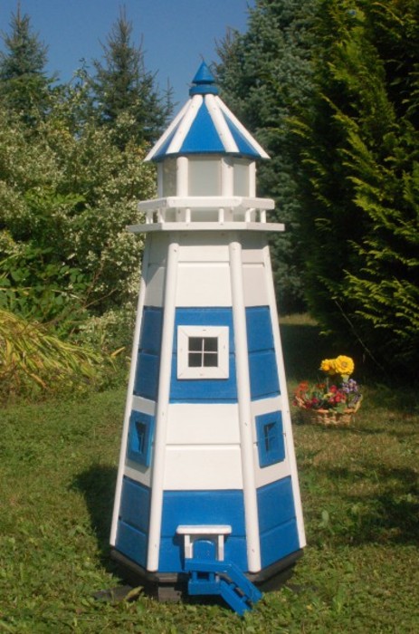  [Gartendeko Leuchtturm Holz / Solar] Grosser blauweisser XL